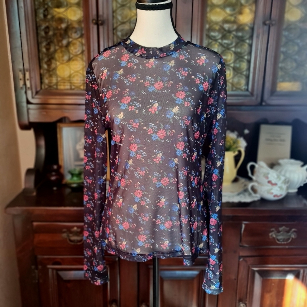 Sheer Black Long Sleeved Blouse with Bright Floral Print size Small/Medium
